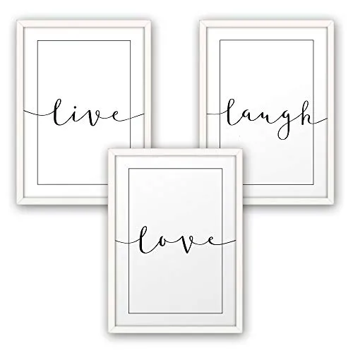 Kreative Feder 3-teiliges Premium Poster-Set | Kunstdruck | live laugh love | Deko Bild für Ihre Wand | optional mit Rahmen | Wohnzimmer Schlafzimmer Modern Fine Art | DIN A4 / A3 (A3, weißer Rahmen)