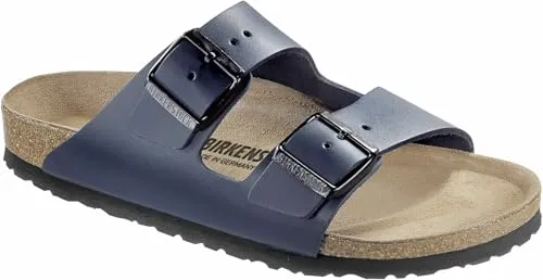 Birkenstock Arizona Leder Pantoletten, Blau, 40 EU Schmal - Pantoletten für Damen mit außergewöhnlich hohem Tragekomfort und eleganter Big Buckle Schnalle für individuelle Anpassung.