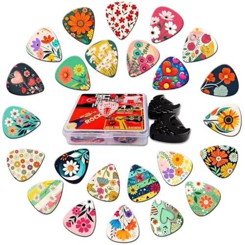 Guitar Picks 24 Stück,0,71mm Medium Plektrum mit Plektren Halter(Blumen) | Gitarren Plektren für Akustikgitarre, E-Guitar, Bass,Gitarren Zubehör,Musik Geschenk