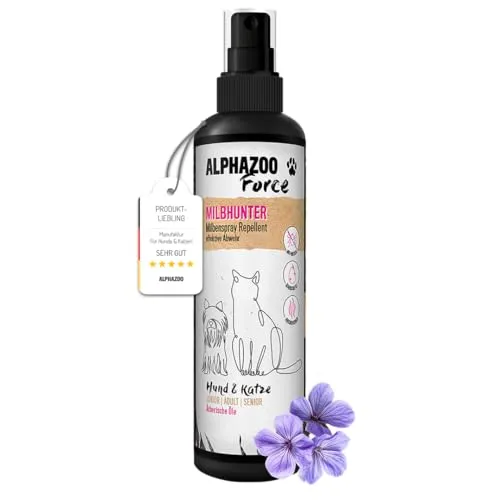 alphazoo MilbHunter Anti Milben-Spray 200 ml – Natürliches Milbenmittel für Hunde, Katzen, Pferde & Hühner – Wirksamer Schutz gegen Milbenbefall, Herbstgrasmilben & rote Vogelmilbe