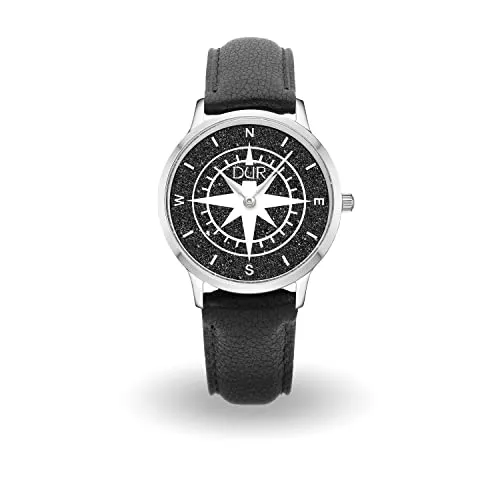 DUR Uhr 36er Kompass Lavasand, Lederband schwarz - Armbanduhr im Küstendesign mit echtem Lavasand-Ziffernblatt, wechselbarem Leder- oder Edelstahl-Armband, ideal für Damen und Herren.