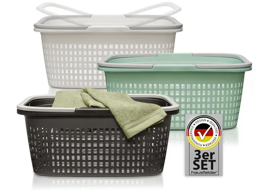 Hausfelder Wäschekorb Wäschewanne 58x37x25cm (Farbmix, 3 Körbe, 35 l) (Set, 3 St., 3 x Wäschekörbe), mit klappbaren Henkeln, mit Griffen, 35 Liter