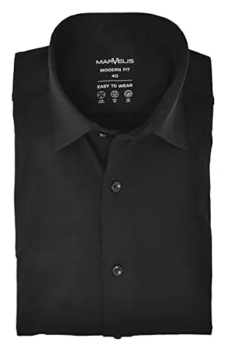 Marvelis Herren Easy to Wear Hemd Modern Fit Kent Kragen Langarm Einfarbig Schwarz, Größe:41