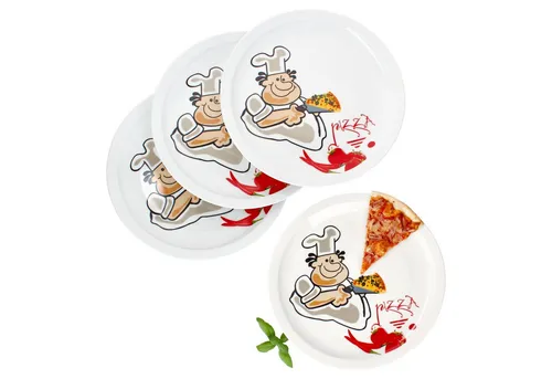 MamboCat Alberto Pizzateller 4er Set - Große Pizzateller Ø 30,5 cm aus robustem Porzellan im Comic-Design für bis zu 4 Personen. Ideal für Pizza und Fingerfood, spülmaschinengeeignet.