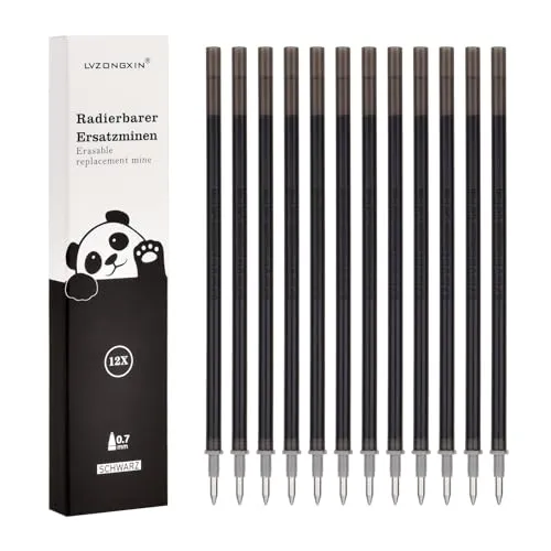 LVZONGXIN Ersatzminen, Kompatibel Mit Legami, [ Blau, 12er], Spitze 0,7mm,Höhe 13 cm, Radierbare Tintenrolle (Schwarz, 12)