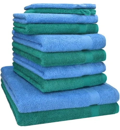 Betz Premium Frottier Handtuch-Set 10-teilig - Smaragd Grün & Hell Blau - Hochwertiges 10-teiliges Handtuch-Set aus 100% Baumwolle, das auch nach vielen Waschgängen weich bleibt. Strapazierfähig, pflegeleicht und ideal für jedes Bad. Enthält Duschtücher, Handtücher, Gästetücher und Waschhandschuhe.