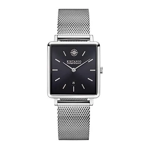 Kistanio Carre Damenuhr mit Milanaiseband Datum Edelstahl Schwarz Saphirglas CAR-SI-BLKS-M