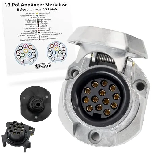 13+1 polige Steckdose, 1 Pack, Alu-Guss-Gehäuse, mit Abschaltautomatik, 13pol Steckdose nach ISO 11446 genormt, Steckanschluss für 12V Systeme, 13 pol Buchse mit Klappdeckel, 13pin Socket kit