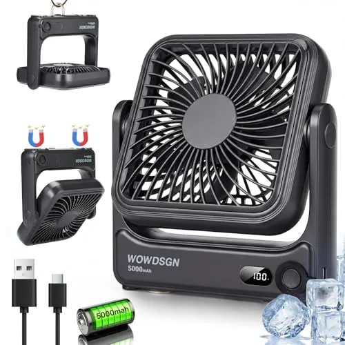 WOWDSGN Tischventilator USB mit Magnetfuß & LED-Display – 5000mAh Akku, tragbar, 4-Stufen, ideal für Camping und Büro