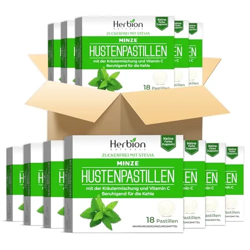 Herbion Naturals Halspastillen mit natürlichem Minzgeschmack, zuckerfrei mit Stevia, Nahrungsergänzungsmittel (1 Karton, 18 Lutschtabletten pro Karton, Packung mit 48 Stück)