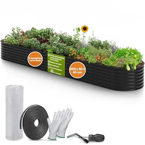 TTL GARDEN 400x80x45cm Elegance XXL Metall Hochbeet Anthrazit - Stahl rostfrei verzinkt & grau lackiert Wellblech ovale Form sehr stabil Garten Beet für Gemüse Kräuter Blumen Gartenbeet Gemüsebeet