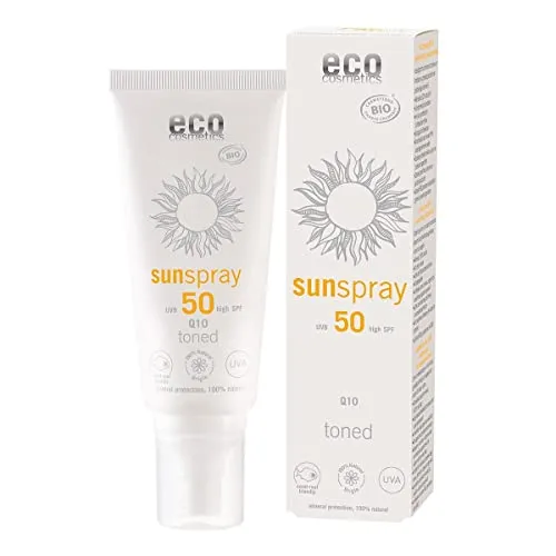 Eco Cosmetics Sonnenspray LSF50 getönt Q10 - Hochwertiger Sonnenschutz - Sonnenschutzmittel für Körper und Gesicht, bietet hohen Lichtschutzfaktor 50, ideal für schnelles Auftragen und angenehmes Hautgefühl.