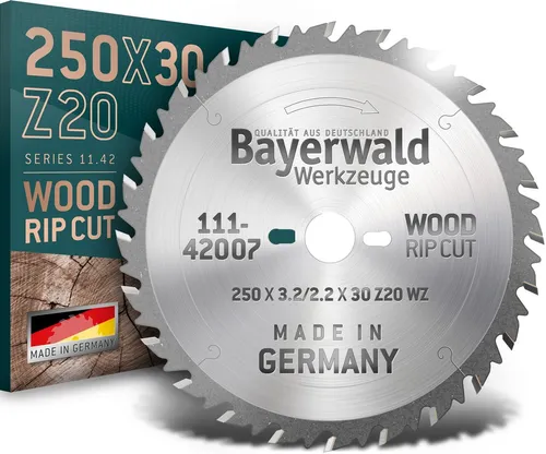 Bayerwald Kreissägeblatt HM 250 x 3.2/2.2 x 30 Z20 WZ - Kreissägeblatt für präzise Längs- und Querschnitte in Holz und Plattenmaterial. 100% Made in Germany, ideal für schnelle Zuschnitte in Weich- und Hartholz.