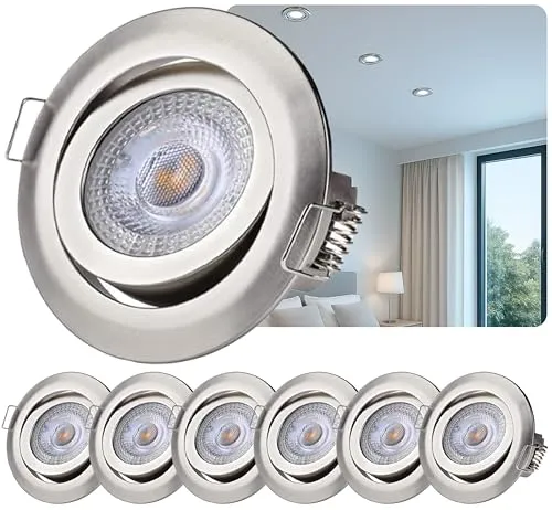 Sweet Led Einbaustrahler 3-Step-Dimming deckenspots flach 5W 230V Decken Einbauleuchte 3 Stufen dimmbar Einbauspots schwenkbar spots chrom-nickel farbig rund kaltweiß einbau 6 stück