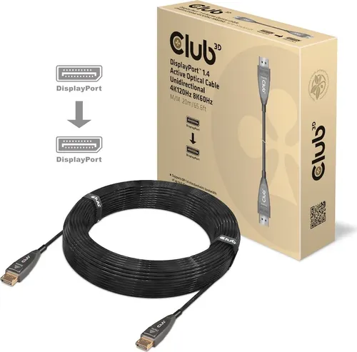 Club 3D DisplayPort 1.4 Active Optical Cable 20m - 8K@60Hz - Multimedia Kabel für hochauflösende Videos mit 8K Unterstützung, ideal für Gaming und professionelle Anwendungen.