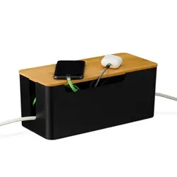 Relaxdays Schwarze Kabelbox mit Bambusdeckel Hellbraun,Schwarz