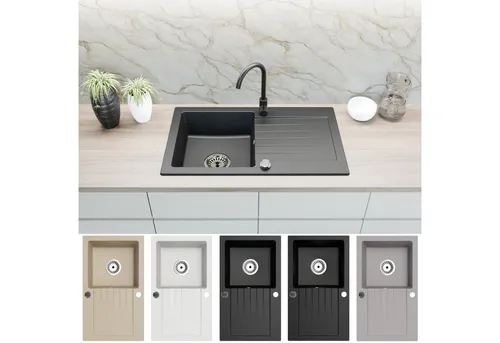 Faizee Möbel Granitspüle Granitspüle Küchenspüle Granit Siphon Einbauspüle Spülbecken 75x43,5, rechteckig, Granitspüle:75 x 16 x 44 cm (BxHxT) Material: Granit Vorgebohrt für eine Armatur Reversibel – Links oder Rechts montierbar, (Komplett-Set, 1 St., Granitbecken inklusive Zubehör), mit Zubehör und Siphon