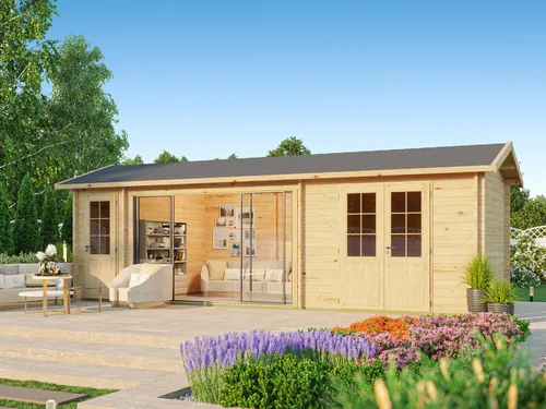 Fjordholz Gartenhaus Modell Mikelli 44 - Robustes Design - Hochwertiges Gartenhaus aus massivem nordischem Fichtenholz mit starken Wandbohlen. Ideal für Gartenliebhaber, die ein langlebiges und anpassbares Gartenhaus suchen.