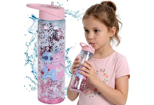 Sarcia.eu Trinkflasche DISNEY Stitch 550 ml mit Trinkhalm - Die zauberhafte DISNEY Stitch Trinkflasche begeistert mit einem beweglichen Konfetti-Design und einem praktischen Klappmundstück. Ideal für Kinder, um unterwegs spielerisch für Flüssigkeitszufuhr zu sorgen!