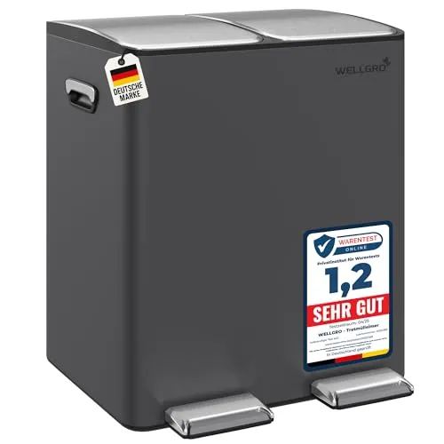 WELLGRO Treteimer 2x15L Grau – Edelstahl mit Softclose & Pedal - Praktischer WELLGRO Tretmülleimer mit 2x15L für effiziente Mülltrennung in der Küche. Robustes Edelstahl-Design, hygienisch bedienbar per Fußpedal und geruchsarm. Ideal für Familien und nachhaltige Haushalte.