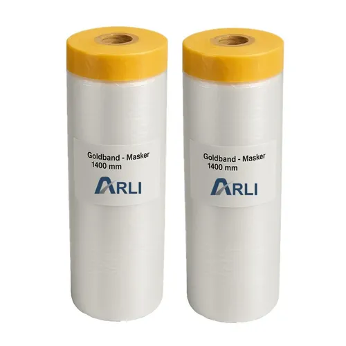 ARLI 2x Goldband Masker 1400 mm x 25 m Abdeckfolie mit Klebeband Malerfolie Transparent Baufolie Tape