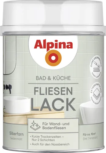 Alpina Bad & Küche Fliesen-Lack Silberfarn – Seidenmatter Fliesenlack für Innenräume - Küchen- & Badezimmerfarben: Frischer, seidenmatter Fliesenlack für eine stilvolle Renovierung ohne Abschleifen. Ideal für feuchtraumgeeignete Wandfliesen in Bad und Küche.