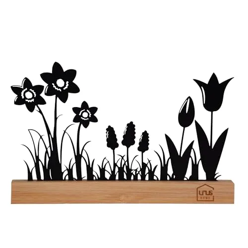 UNUS Aufsteller Frühlings-Dekoration aus Bambus & Metall, Blumenwiese mit Tulpen & Narzissen, Filigrane Tisch- und Fensterbank-Deko, Nachhaltig, schwarz