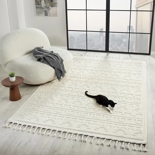 VIMODA Teppich Boho Skandi Wohnzimmer, Schlafzimmer, Balkon, Küche, Terrasse, Flur 3D Creme, Maße:200x290 cm