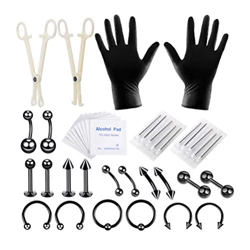 Healifty Piercing Kit Chirurgenstahl Bauch Zunge Tragus Nippel Lippe Nase Augenbraue Kinnring Körperschmuck Messgerät Piercing Nadeln Set 42 Stück (schwarz)
