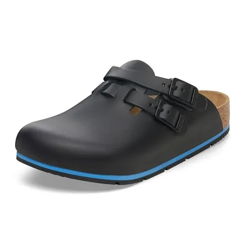 BIRKENSTOCK Kay Pro Leder Clogs - Unisex Berufsschuhe für Medizin und Gastronomie - Hausschuhe mit anatomisch geformtem Kork-Latex-Fußbett, rutschfester Laufsohle und verstellbarem Fersenriemen, ideal für Pflege und Service.