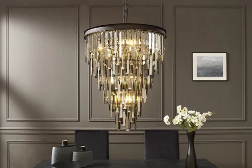 riess-ambiente Luxus Kronleuchter KRISTALL 50cm grau mit Glasprismen - Eleganter Kronleuchter mit 8 E14 Fassungen, ideal für stimmungsvolle Beleuchtung. Die individuell kürzbare Zuleitung ermöglicht eine perfekte Anpassung an jede Raumhöhe.
