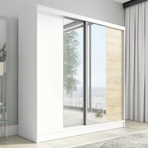 A&J MöbelLand Schwebetürenschrank Solo Kleiderschrank 2-türig mit Spiegel Garderobenschrank 200 cm (Weiß)