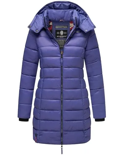 MARIKOO Damen langer Wintermantel warmer Steppmantel mit abnehmbarer Kapuze Abendsternchen Blue Violet Gr. 6XL