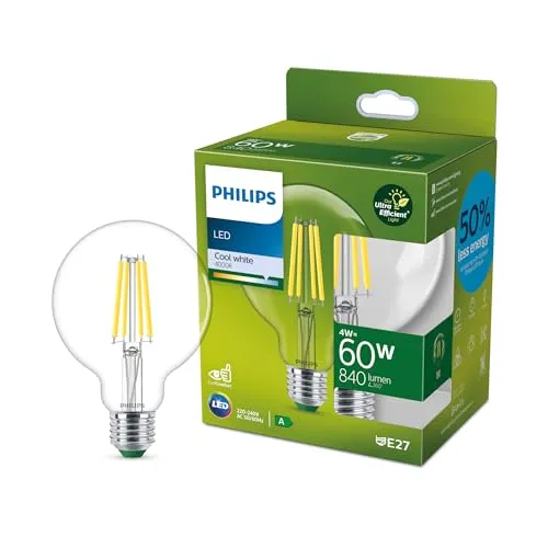 Philips Ultra Efficient – Ultra-energiesparende Lampe, LED-Lichtquelle, E27, ersetzt 60W, klar, kaltweiß, Globe Form