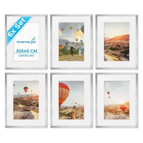 PHOTOLINI Bilderrahmen 30x40 Silber, 6er Set mit Passepartout - Stilvolles 6er Set Bilderrahmen 30x40 cm aus MDF mit bruchsicherem Acrylglas. Ideal zum Aufhängen für Ihre Fotos und Poster. Flexibles Motivwechseln dank einfacher Handhabung.