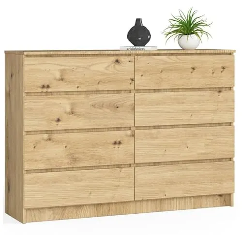 BDW - Kommode mit 8 Schubladen, Komodenschrank K140, Sideboard, Wohnzimmer Schlafzimmer Flur Möbel, Büroschrank, Robustes Material und modernes Design - 138x40x99 cm, Artisan-Eiche