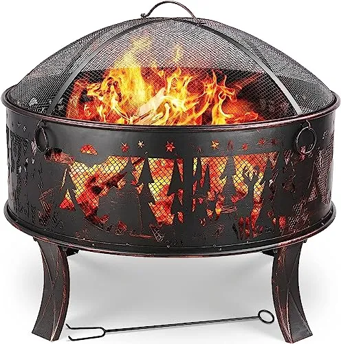 TLGREEN Feuerschalen, Feuerschale mit Funkenschutz, Feuerschale Garten Ø71x65cm, inkl. Poker & Kohlerost & 4 PCS Füße, Feuerkorb Retro-Look, Feuerstelle für Garten Camping Strand-Exquisites Elchmuster