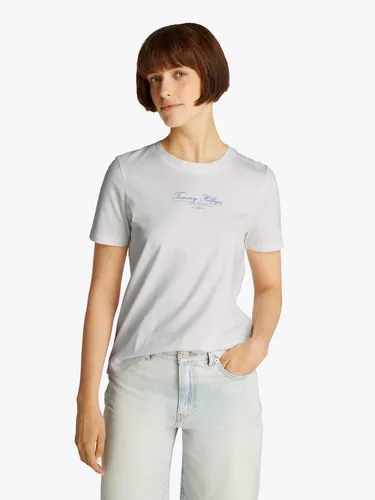 Tommy Hilfiger T-Shirt REG SCRIPT C-NK TEE SS - Beige Basic Shirt aus 100% Baumwolle mit stylishem Logo-Schriftzug, ideal für lässige Outfits und komfortable Passform.