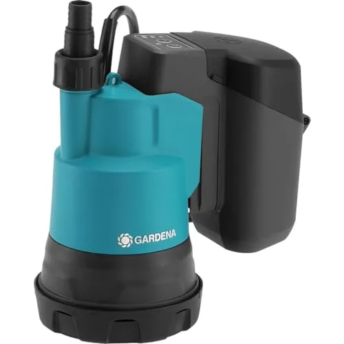 Gardena Akku-Klarwasser-Tauchpumpe 2000/2 18V P4A - Wasserpumpen, flachsaugend mit integrierter Trockenlaufsicherung und Timer-Funktion für automatisches Abschalten. Ideal für vielseitige Anwendungen im Garten.