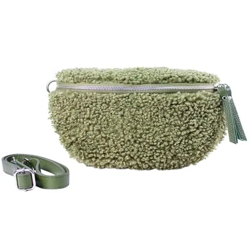 lePelou Frauen Bauchtasche aus Leder und Teddyfell, Crossbody Tasche, Umhängetasche, Festivaltasche, Gürteltasche, Geschenk für Sie (Khaki)