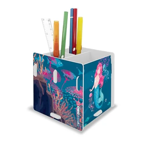 itenga Stifteköcher mit Motiv zum Zusammenstecken - 3 Fächer - Stiftehalter Kinder Schüler Schreibtisch Organizer Stiftebox - 10x 10 x 9,5cm (Motiv Meerjungfrau)