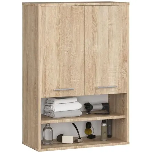 AKORD Badezimmer-Hängeschrank FIN 64 cm 2 Türen 2 Regalböden 2 offene Fächer B64xH94xT30 cm - mit Ablagen - Badschrank, Wandmontiert Gewicht 8,10kg Eiche Sonoma & Eiche Sonoma
