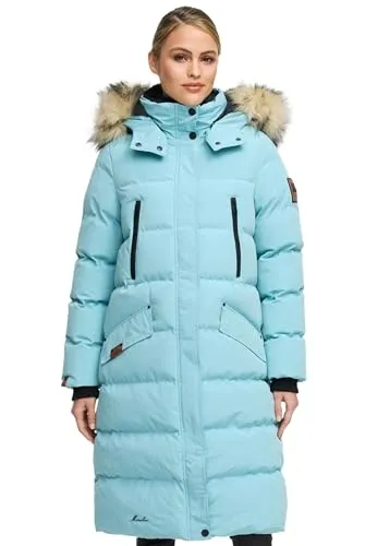MARIKOO lange Damen Winterjacke warmer Parka gesteppt mit Kapuze B890 [B890-Schneestern-Sky-Blue-Gr.L]
