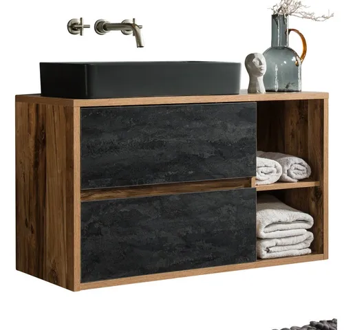 Lomadox Waschtisch mit Unterschrank 100 cm - Unterschrank fürs Bad in Eiche mit Beton Dunkel, inkl. hochwertigem Keramik-Waschbecken in Schwarz und 2 Softclose-Schubkästen für leises Schließen und elegantes Design.