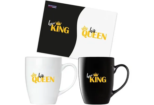 BRUBAKER Tasse Kaffeetassen Her King & His Queen mit Grußkarte, 2-tlg., Keramik, Kaffeebecher - 300 ml Tassen Geschenkset - in Geschenkbox