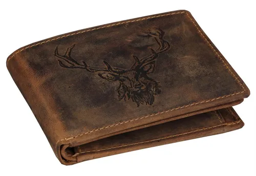 Greenburry Geldbörse Hirsch Leder Portemonnaie braun - Herren-Geldbörsen mit einzigartiger Hirsch-Prägung, ideal für Jagdliebhaber, bietet 2 Geldscheinfächer und ein Kleingeldfach mit Lederboden.