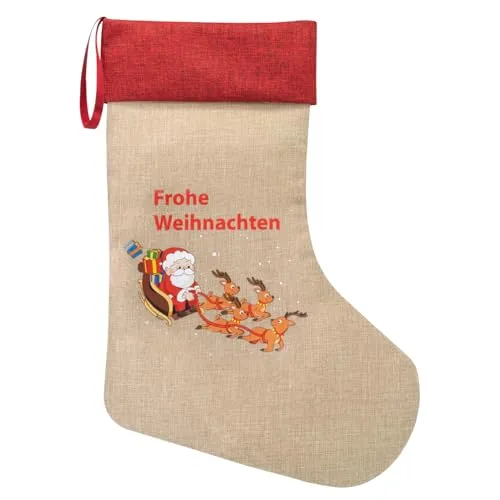 Idena 30534 - Weihnachtsstrumpf ca. 31 x 46 cm, Stoffstrumpf in Rot und Braun mit Weihnachtsmann im Rentierschlittten und Aufschrift Frohe Weihnachten, Socke mit roter Schlaufe