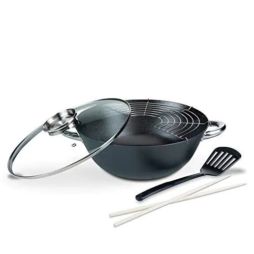 GSW 860956 GUSSEISEN PROFESSIONELL Wok-Set 32cm - 5-teiliges multifunktionales Wok-Set aus robustem Gusseisen, ideal zum Braten, Dünsten und Frittieren. Mit Glasdeckel für energiesparendes Kochen und einfache Reinigung.