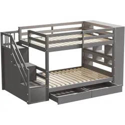 Etagenbett,Kiefernbett(Grau)Kinderbett,Jugendbett mit Sicherheitstreppe mit Staufächern,Stauraumschubladen und Schließfächern,hohe Zaunkonstruktion - Grau