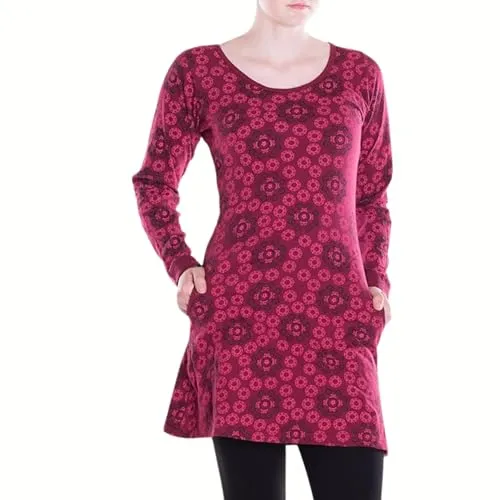Vishes Damen leichtes Langarmshirt-Kleid in Dunkelrot | Größe M (38) | Handgefertigt aus 100% Baumwolle | Ideal für Frühling, Sommer & Herbst | Nachhaltige Alternative Bekleidung